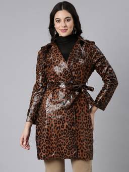 SHOWOFFFF - Women's Animal Longline Lapel Collar Brown Trench Coat with Belt (Set of 2)