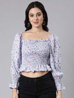 SHOWOFF - Women's Square Neck Floral Peplum Blue Puff Sleeves Crop Top
