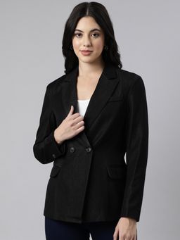 SHOWOFFFF - Women's Long Sleeves Notched Lapel Black Double-Breasted Blazer