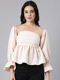 SHOWOFF - Women's Square Neck Solid Peplum Peach Full Sleeves Crop Top