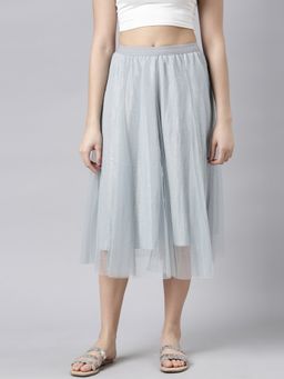 SHOWOFF - Women's Solid Grey Flared Midi Sheer Skirt