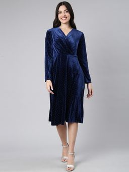 SHOWOFF - Women's Knee Length Embellished V-Neck Long Sleeves Navy Blue A-Line Dress