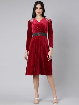SHOWOFF - Women's Knee Length Embellished V-Neck Burgundy Fit and Flare Dress with Belt (Set of 2)