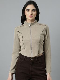 SHOWOFF - Women's High Neck Textured Beige Crop Top