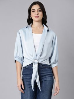 SHOWOFF - Women's Shirt Collar Solid Shirt Style Blue Three Quarter Sleeves Top
