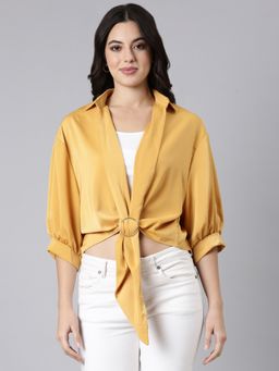 SHOWOFF - Women's Shirt Collar Solid Shirt Style Mustard Three Quarter Sleeves Top