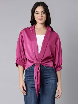 SHOWOFF - Women's Shirt Collar Solid Shirt Style Pink Three Quarter Sleeves Top