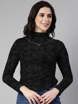 SHOWOFF - Women's High Neck Textured Black Ruched Top with Neck Chain (Set of 2)