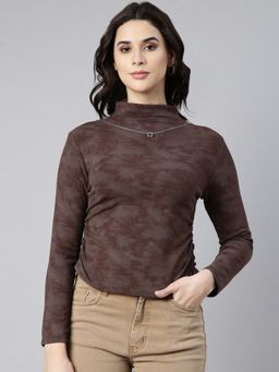 SHOWOFFFF - Women's High Neck Textured Brown Ruched Top with Neck Chain (Set of 2)