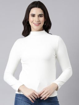 SHOWOFFFF - Women's High Neck Solid Off White Top