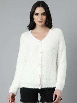 SHOWOFFFF - Women's Long Sleeves V-Neck Solid Off White Cardigan