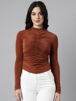 SHOWOFF - Women's High Neck Solid Rust Fitted Semi Sheer Ruched Top