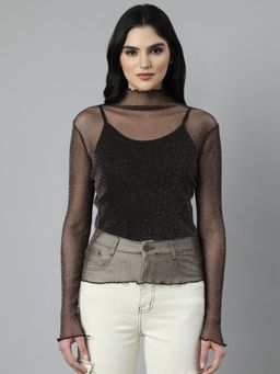 SHOWOFFFF - Women's High Neck Solid Brown Sheer Top