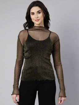 SHOWOFFFF - Women's High Neck Solid Black Sheer Top