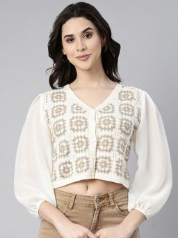 SHOWOFFFF - Women's V-Neck Self Design Beige Balloon Sleeves Crochet Crop Top