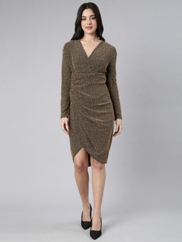 SHOWOFF - Women's Knee Length Embellished V-Neck Long Sleeves Black Sheath Dress