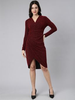 SHOWOFF - Women's Knee Length Embellished V-Neck Long Sleeves Black Sheath Dress