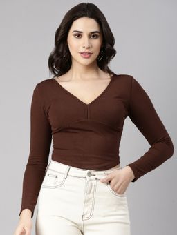 SHOWOFFFF - Women's V-Neck Solid Brown Crop Top