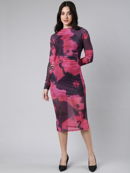SHOWOFF - Women's Midi Dyed High Neck Long Sleeves Pink Bodycon Dress
