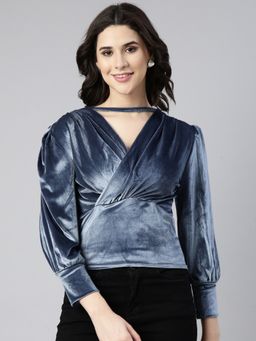 SHOWOFF - Women's V-Neck Textured Blue Empire Top