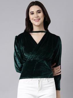 SHOWOFFFF - Women's V-Neck Solid Green Empire Top