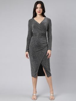 SHOWOFF - Women's Midi Embellished V-Neck Grey Sheath Dress with Belt (Set of 2)
