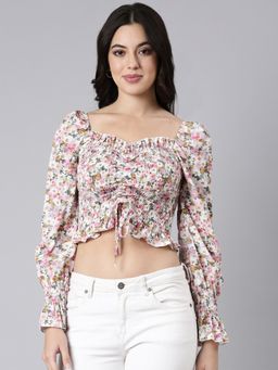 SHOWOFF - Women's Square Neck Floral Pink Full Sleeves Crop Ruched Top