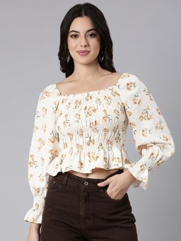 SHOWOFF - Women's Square Neck Floral Peplum Mustard Full Sleeves Crop Top