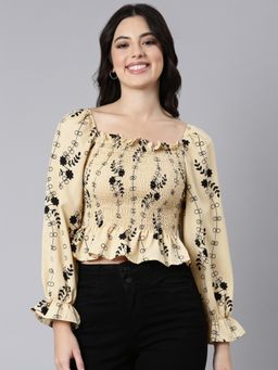 SHOWOFF - Women's Square Neck Floral Peplum Beige Full Sleeves Crop Top