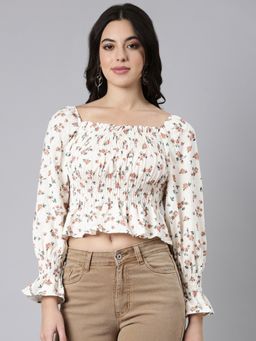 SHOWOFF - Women's Square Neck Floral Peplum Off White Full Sleeves Crop Top