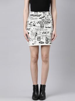 SHOWOFF - Women's Printed Cream Pencil Mini Skirt