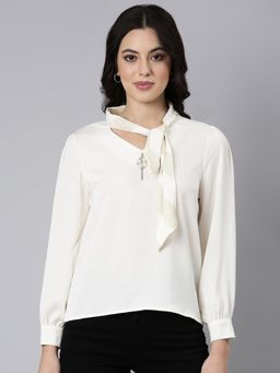 SHOWOFF - Women's Tie-Up Neck Solid Shirt Style Cream Full Sleeves Top
