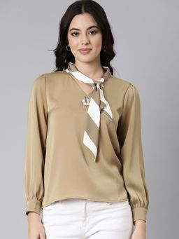 SHOWOFF - Women's Tie-Up Neck Solid Shirt Style Khaki Full Sleeves Top