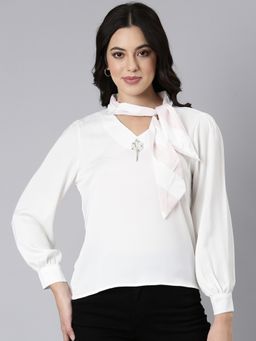 SHOWOFF - Women's Tie-Up Neck Solid Shirt Style Off White Full Sleeves Top