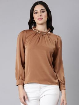 SHOWOFFFF - Women's High Neck Solid Brown Three Quarter Sleeves Top