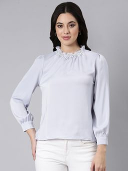 SHOWOFF - Women's High Neck Solid Lavender Three Quarter Sleeves Top