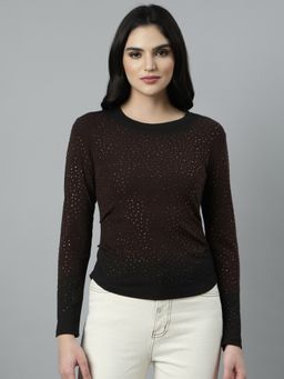 SHOWOFFFF - Women's Round Neck Embellished Brown Fitted Top