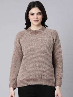 SHOWOFFFF - Women's Long Sleeves Round Neck Textured Brown Pullover
