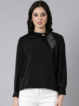 SHOWOFF - Women's High Neck Solid Shirt Style Black Full Sleeves Top
