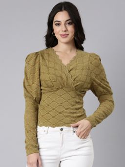 SHOWOFFFF - Women's V-Neck Self Design Empire Olive Puff Sleeves Top