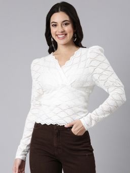 SHOWOFFFF - Women's V-Neck Self Design Empire White Puff Sleeves Top