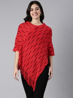 SHOWOFFFF - Women's Three-Quarter Sleeves V-Neck Woven Red Poncho