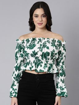 SHOWOFF - Women's Off-Shoulder Floral Green Full Sleeves Crop Top