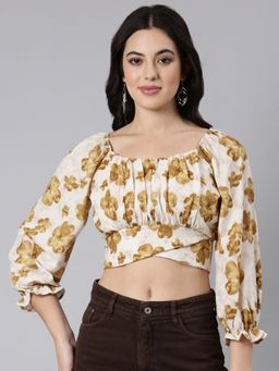 SHOWOFFFF - Women's Square Neck Floral Blouson Beige Three Quarter Sleeves Crop Top