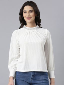 SHOWOFFFF - Women's High Neck Self Design Cream Top