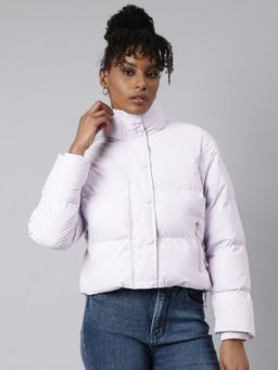 SHOWOFFFF - Women's Long Sleeves Solid Mock Collar Lavender Puffer Jacket