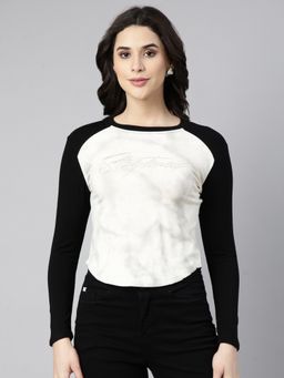 SHOWOFFFF - Women's Round Neck Colorblock Beige Crop Top