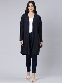 SHOWOFF - Women's Long Sleeves Solid Straight Navy Blue Longline Shrug