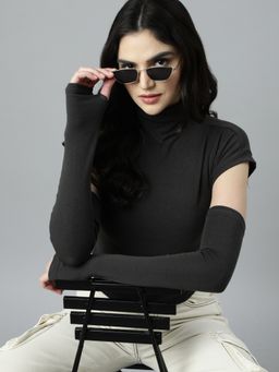 SHOWOFF - Women's High Neck Solid Grey Styled Back Top with Detachable Sleeves (Set of 2)