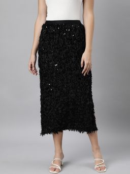 SHOWOFFFF - Women's Embellished Straight Black Midi Skirt